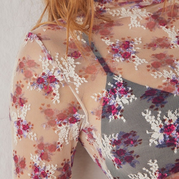 FREE PEOPLE Intimately Lady Lux Top Embroidered Print Floral Mesh Lace Size XL - Picture 3 of 12